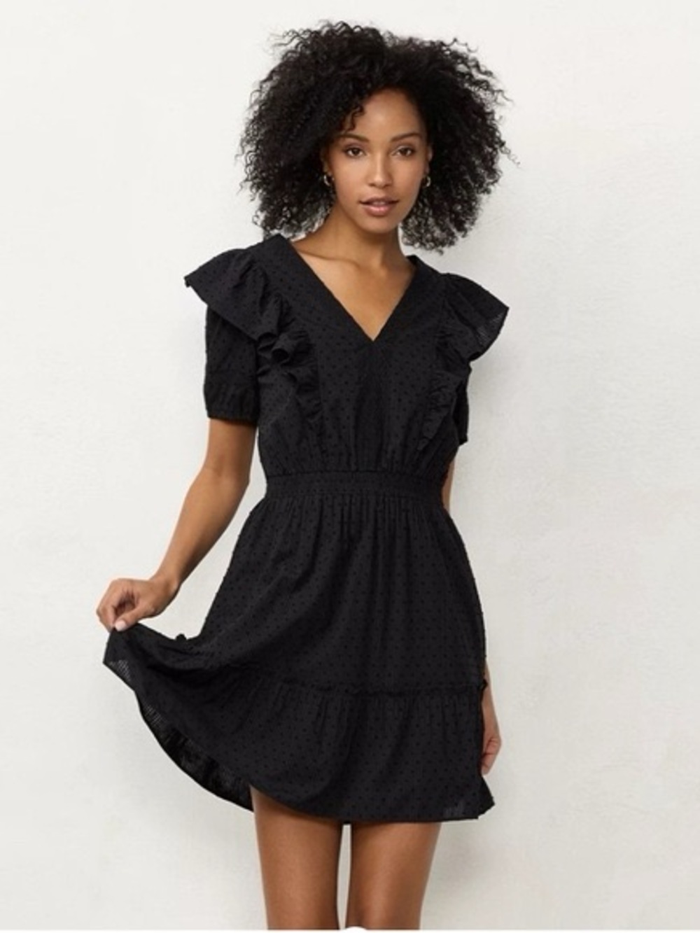 LC Lauren Conrad Black Midi Dress with Ruffle V-Neck